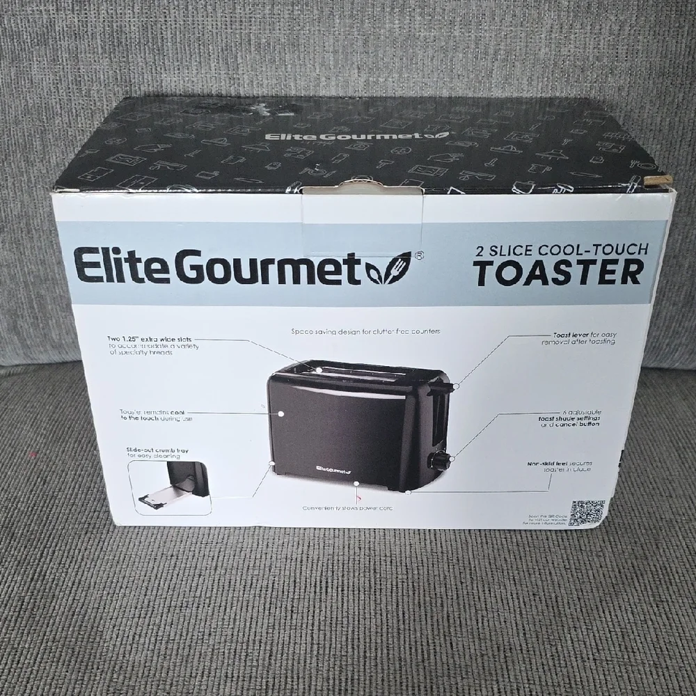 Elite Gourmet 2-Slice Cool Touch Black Toaster, New